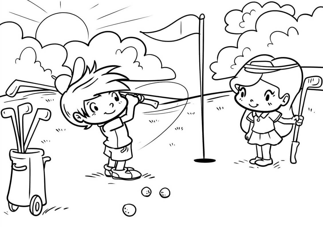 Desenho de Menino e Menina Jogando Golfe para Colorir e Pintar