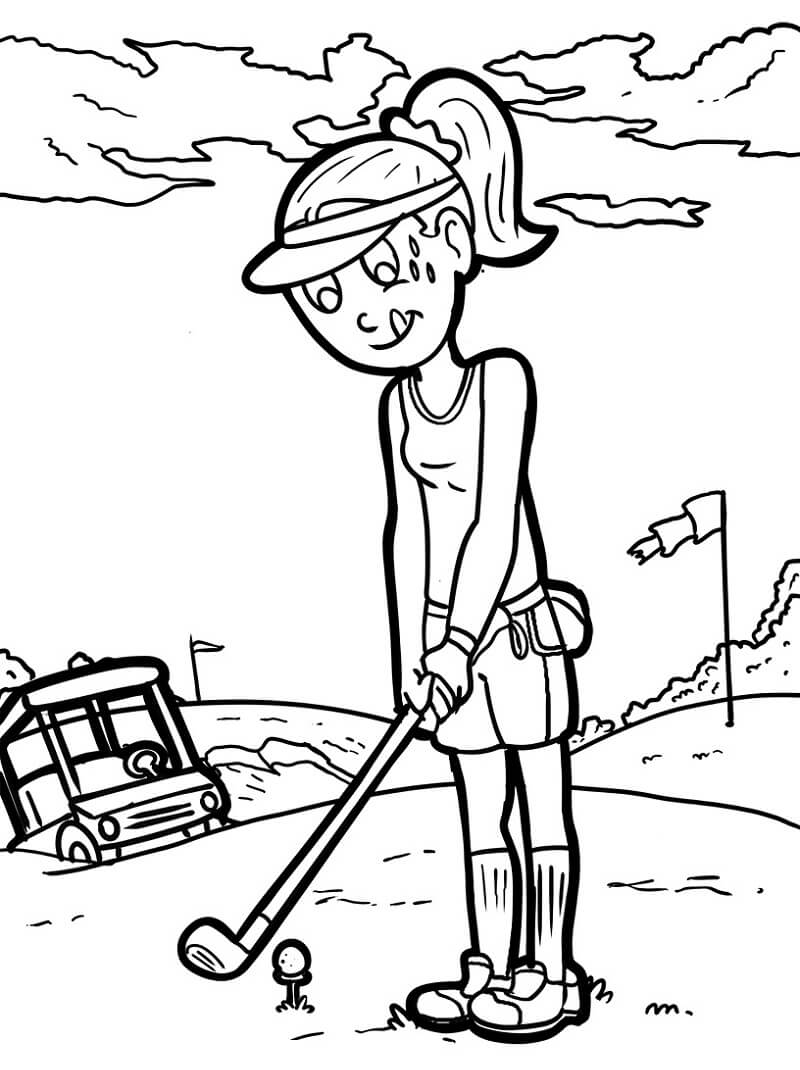 Desenho de Mulher Jogadora Profissional de Golfe para Colorir A4 e Pintar