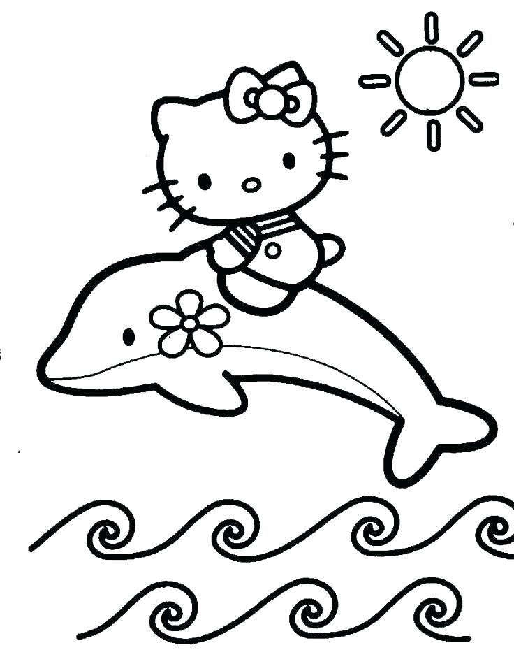 Desenho de Hello Kitty com Golfinho Passeando no Mar para Colorir e Pintar