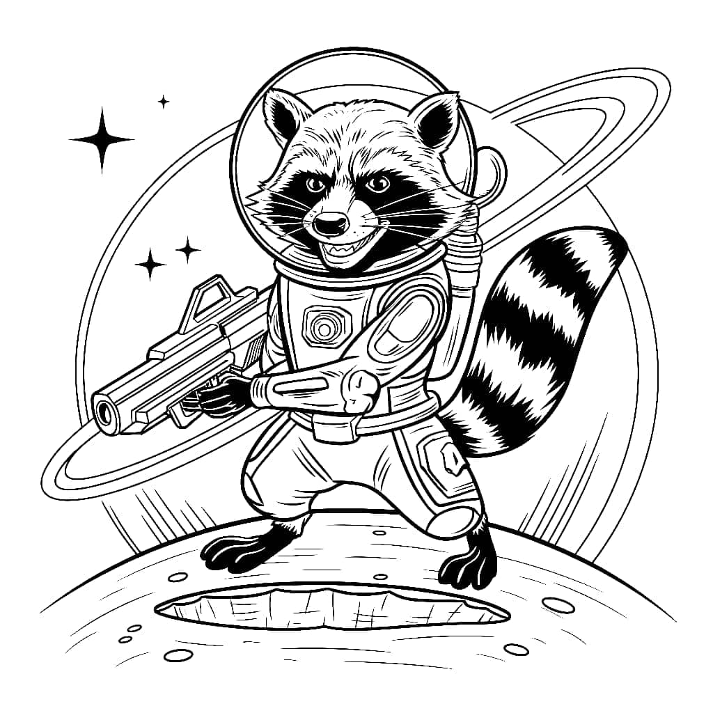 Desenho de Rocket Raccoon no Espaço para Colorir e Pintar