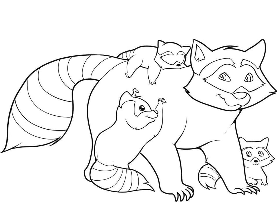 Desenho Família Guaxinim para Colorir e Pintar