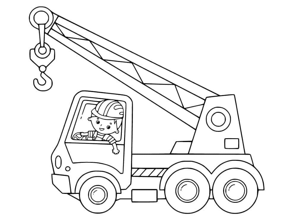 Desenho de Menino no Caminhão Guindaste para Colorir e Pintar