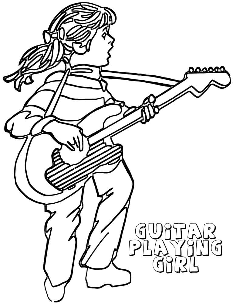Desenho Imprimivel de Menina Tocando Guitarra para Colorir e Pintar