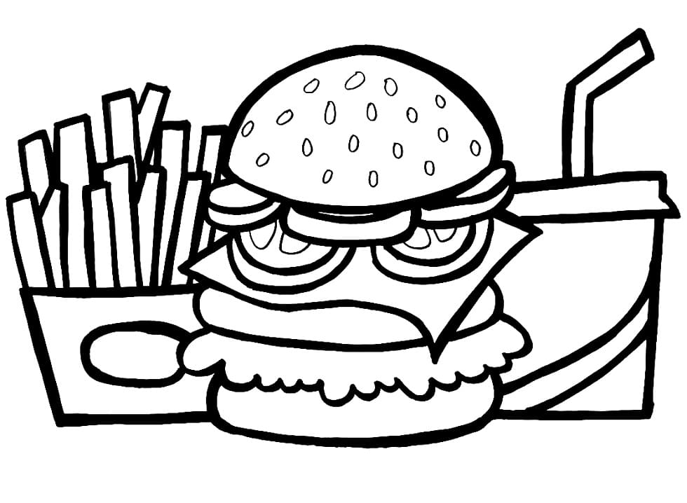 Desenho de Comobo Hamburguer Batata e Refrigerante Grande para Colorir 2 e Pintar