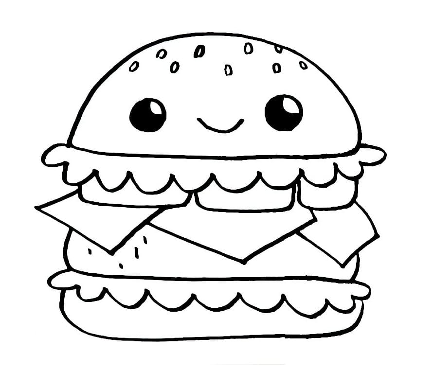 Desenho de Hamburguer Kawaii Pdf para Colorir e Pintar