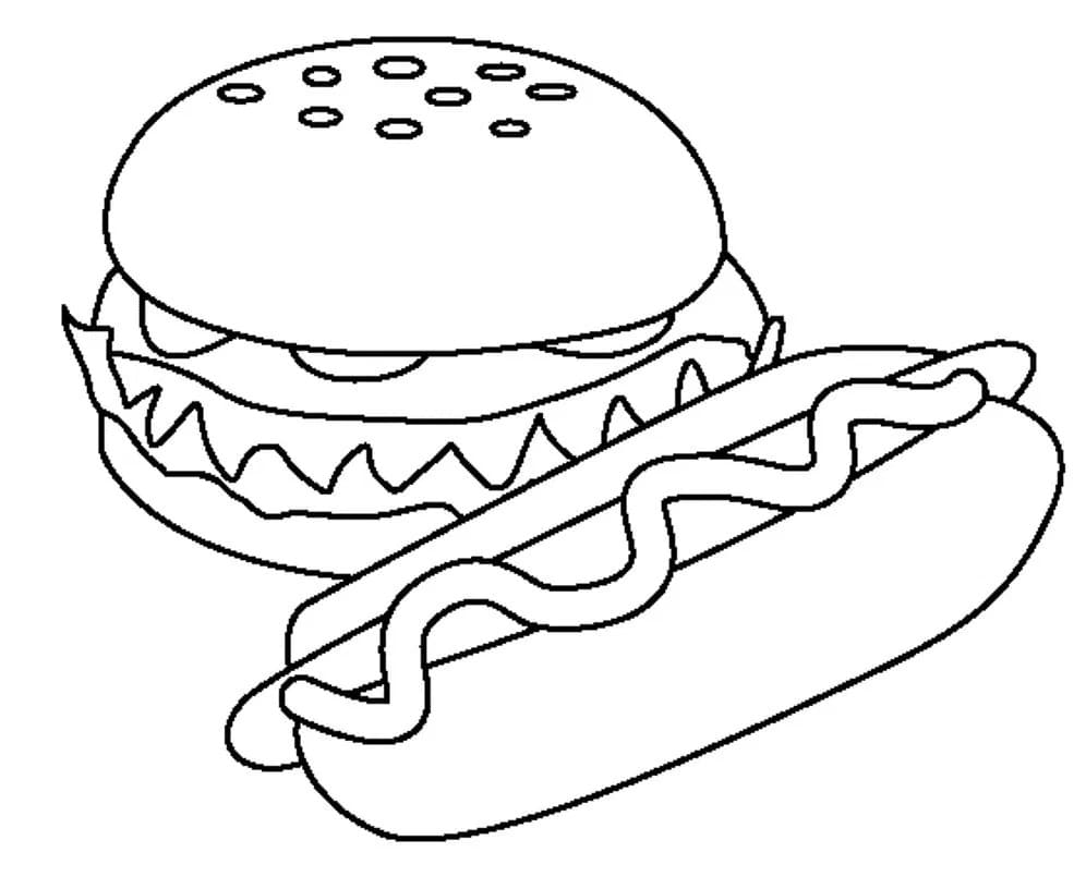 Desenho Imprimivel de Hamburguer e Cachorro Quente para Colorir e Pintar