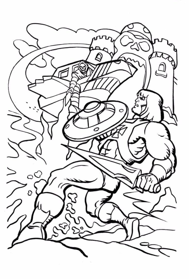 Desenho de Esqueleto e He Man Brigando para Colorir e Pintar