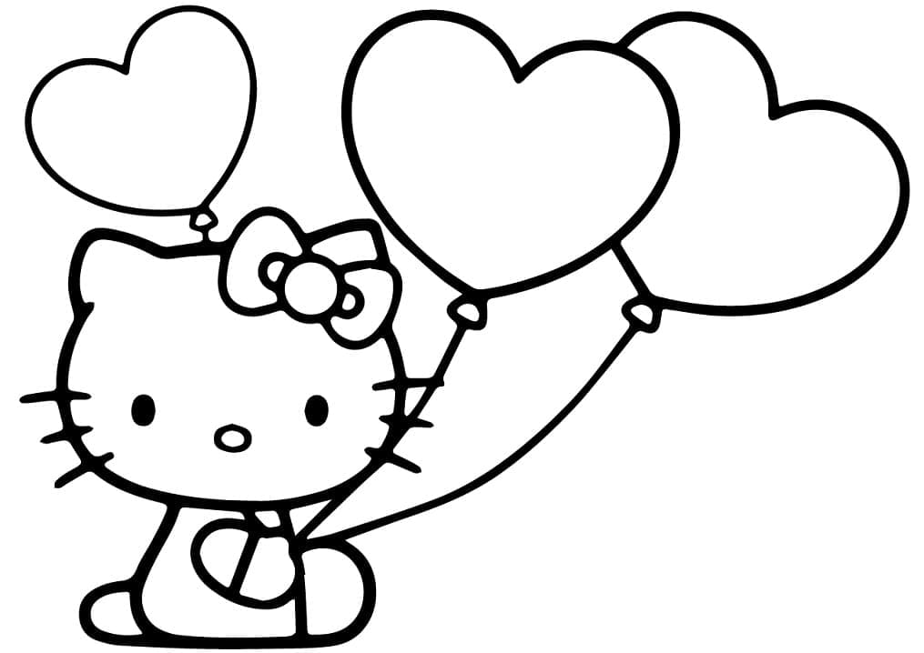 Desenho da Hello Kitty e Balões de Coração para Colorir e Pintar