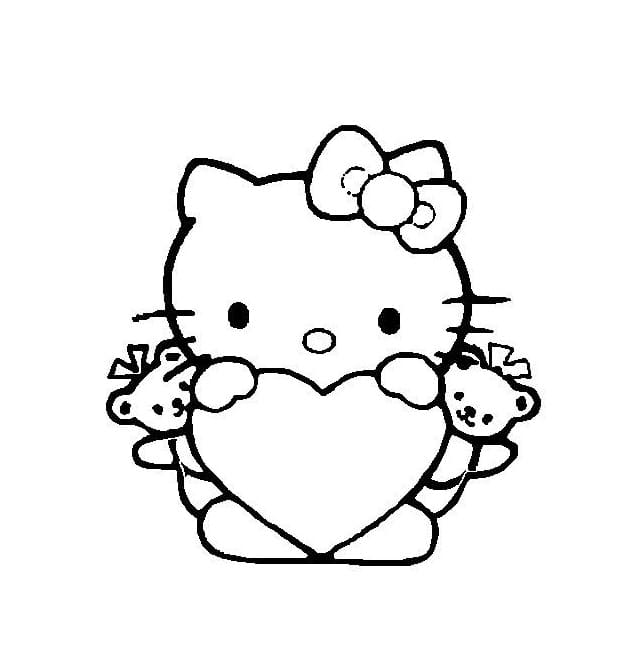 Desenho de Hello Kitty com Coração Amoroso para Colorir e Pintar