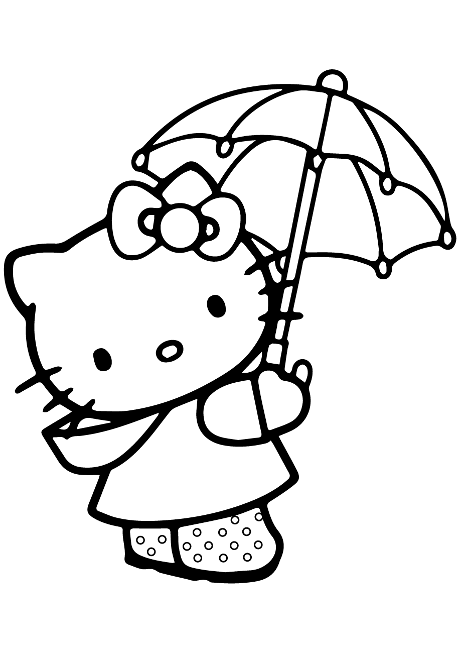 Desenho de Hello Kitty com Roupas e Acessórios para Dia de Chuva para Colorir e Pintar
