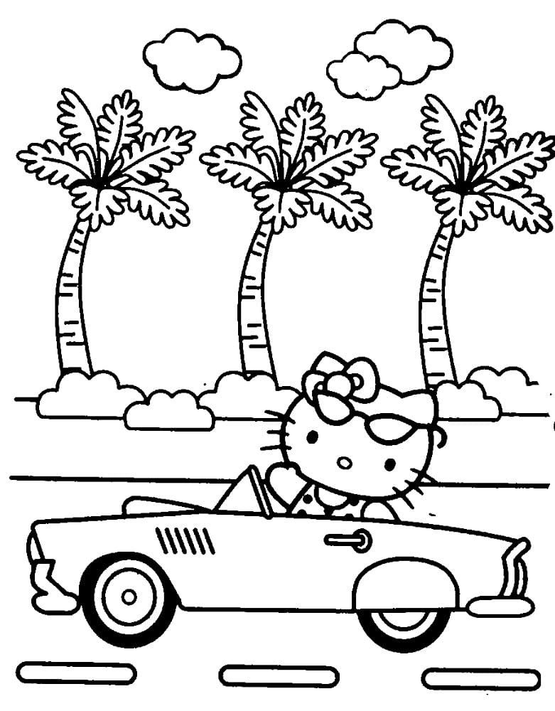 Desenho de Hello Kitty Dirigindo um Carro para Colorir e Pintar