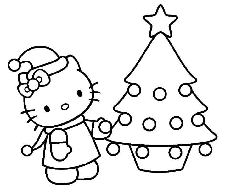 Desenho de Hello Kitty e Árvore de Natal para Colorir e Pintar