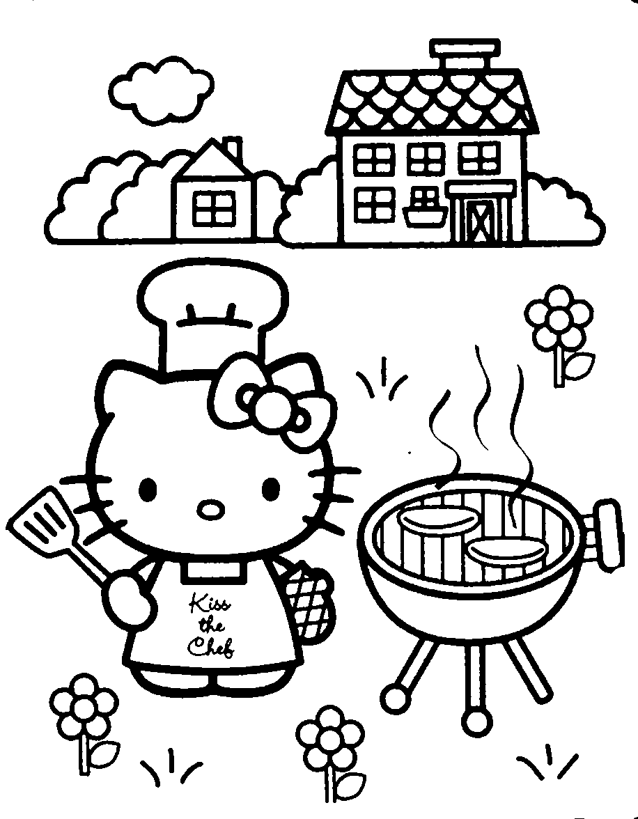 Desenho de Hello Kitty em Churrasco para Colorir Pdf Grátis e Pintar
