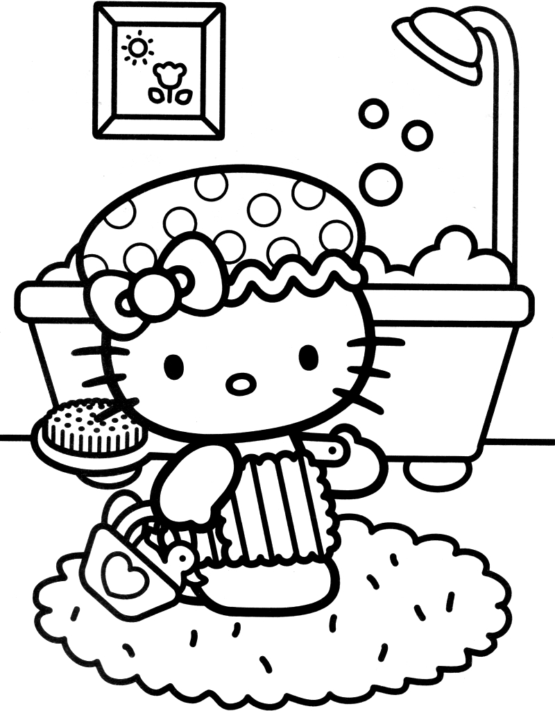 Desenho de Hello Kitty na Hora do Banho para Colorir Grátis e Pintar