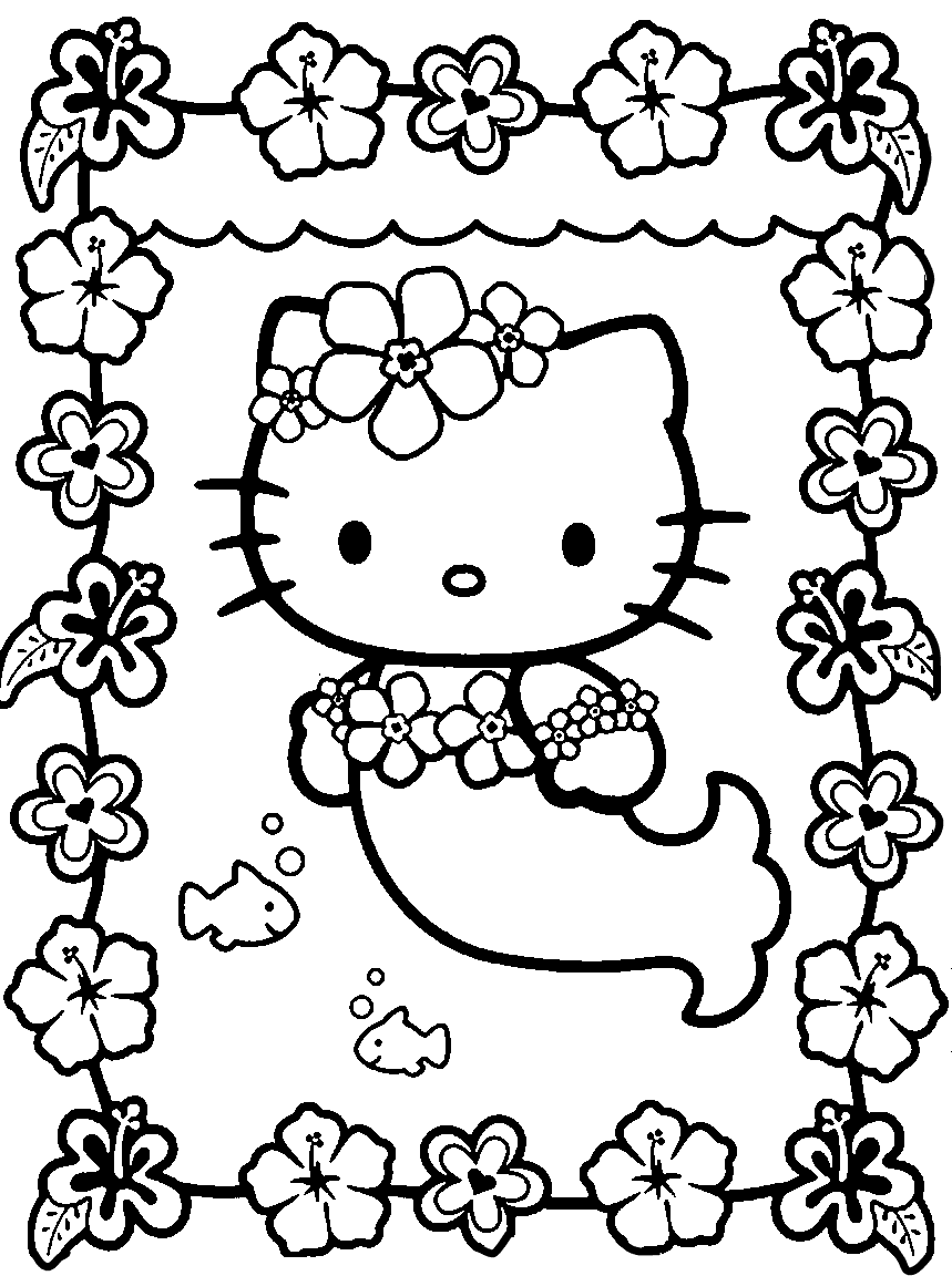 Desenho de Hello Kitty Sereia para Imprimir e Colorir e Pintar