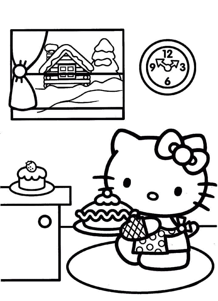 Desenho Hello Kitty com Bolo para Colorir e Pintar
