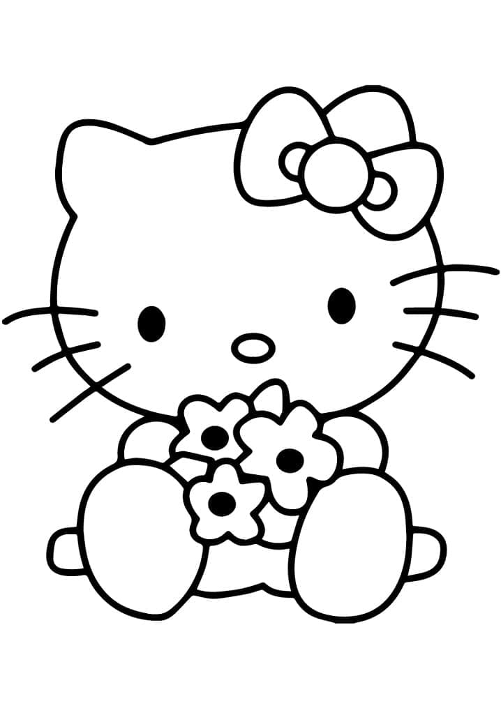 Desenho Hello Kitty com Flores para Colorir e Pintar