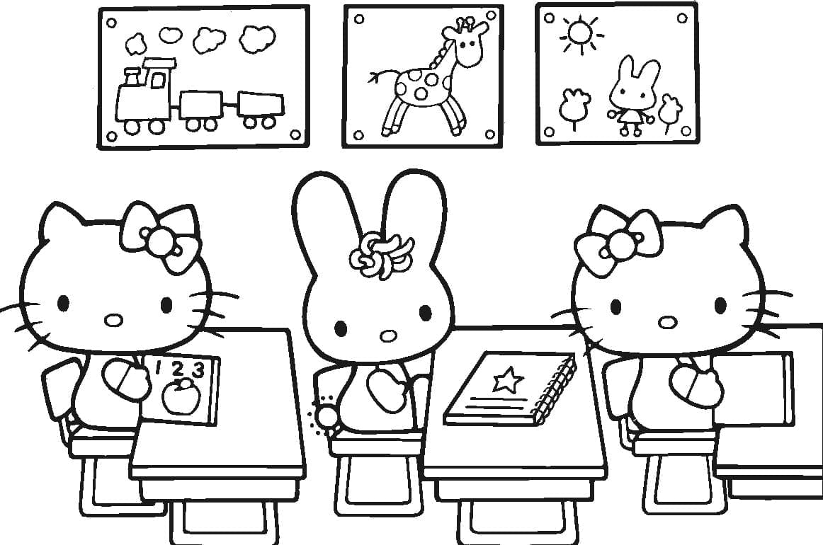 Desenho Hello Kitty na Aula para Colorir e Pintar
