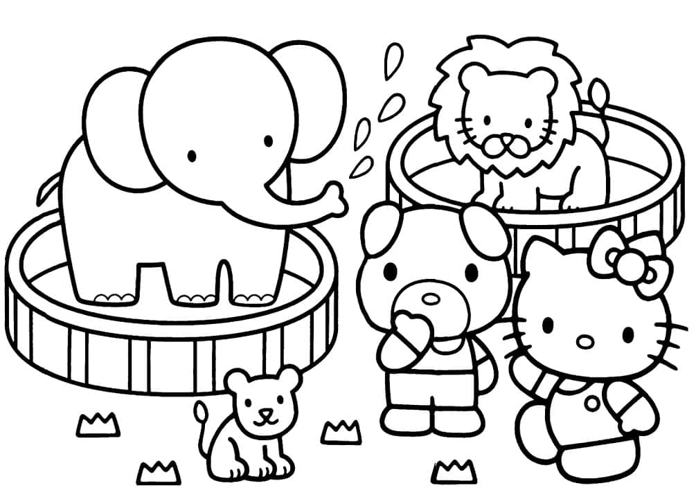 Desenho Hello Kitty no Zoológico para Colorir e Pintar
