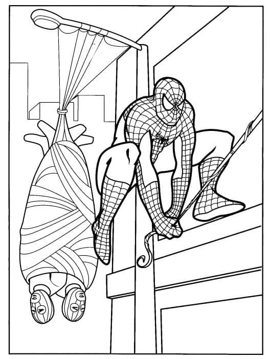 Desenho de Homem Aranha Está Pegando Ladrões para Colorir e Pintar