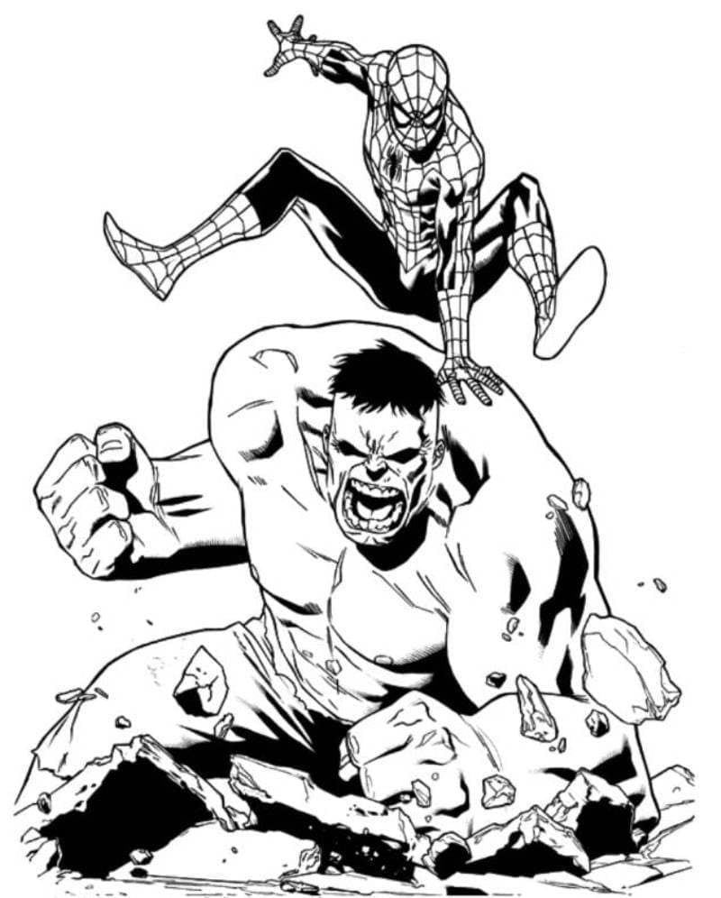 Desenho de Hulk e Homem Aranha para Colorir e Pintar