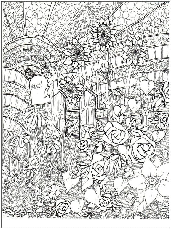Desenho de Jardim de Flores para Adultos para Colorir e Pintar