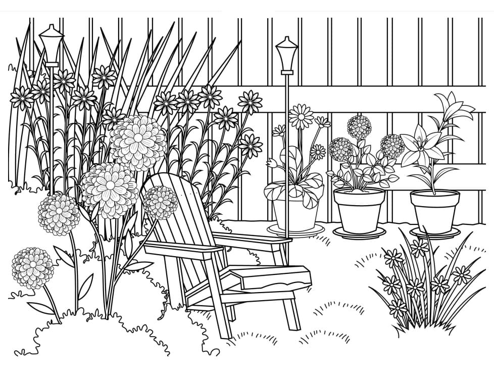 Desenho de Jardim de Flores para Colorir Detalhado e Pintar