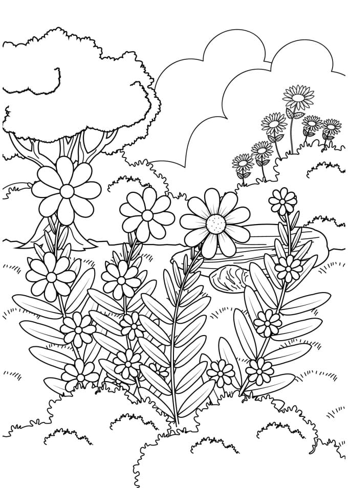 Desenho de Jardim de Flores para Pintar Giz de Cera
