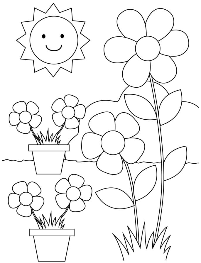 Desenho de Lindo Sol Jardim de Flores para Colorir e Pintar