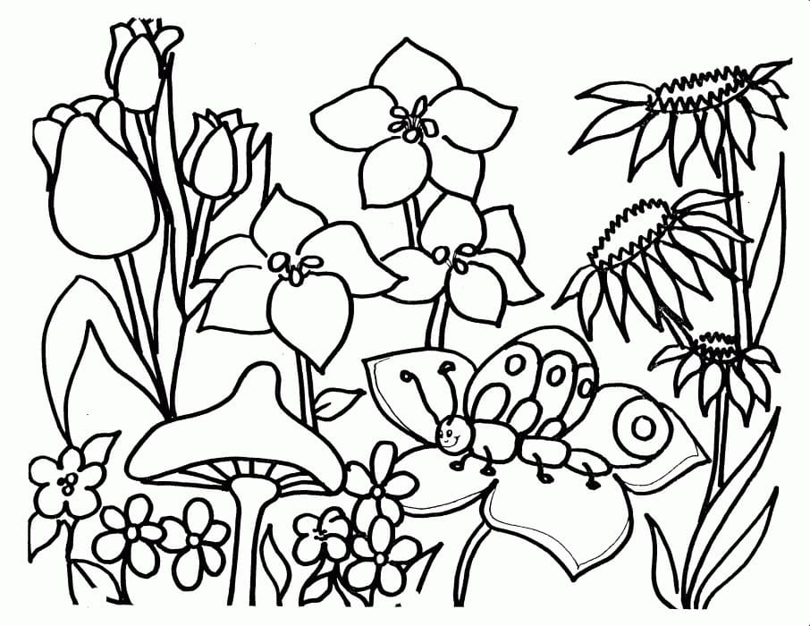 Desenho de Maravilhoso Jardim de Flores para Colorir e Pintar
