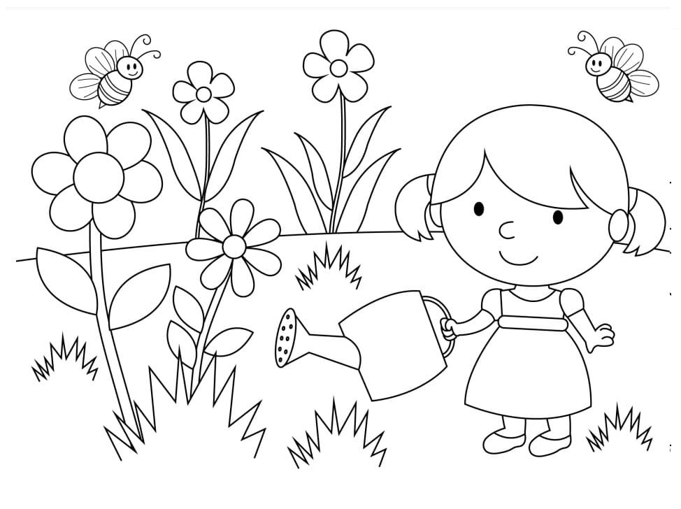 Desenho de Menina no Jardim de Flores para Colorir e Pintar