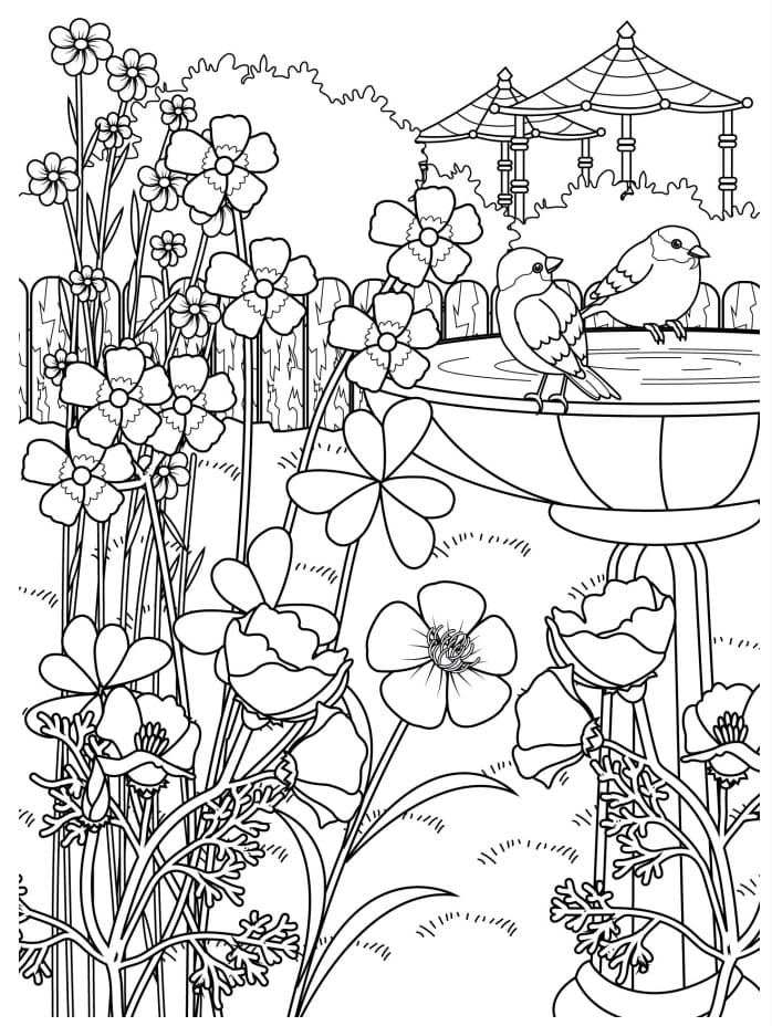 Desenho de Pássaros no Jardim de Flores para Colorir e Pintar