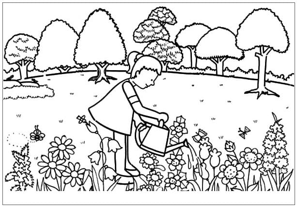 Desenho de Regá para Jardim de Flores para Colorir e Pintar