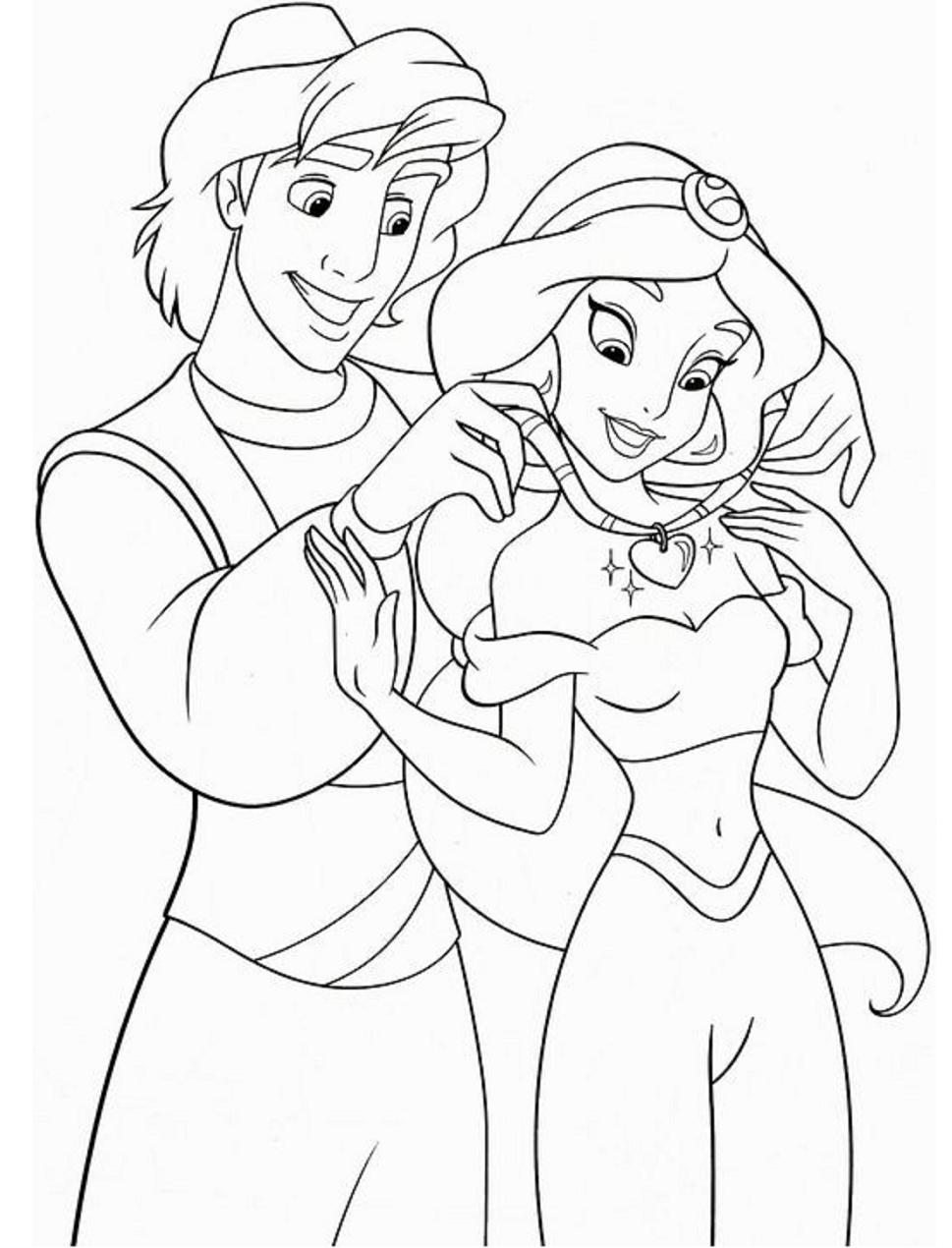 Desenho de Aladim Entregando Colar para Jasmine para Colorir e Pintar