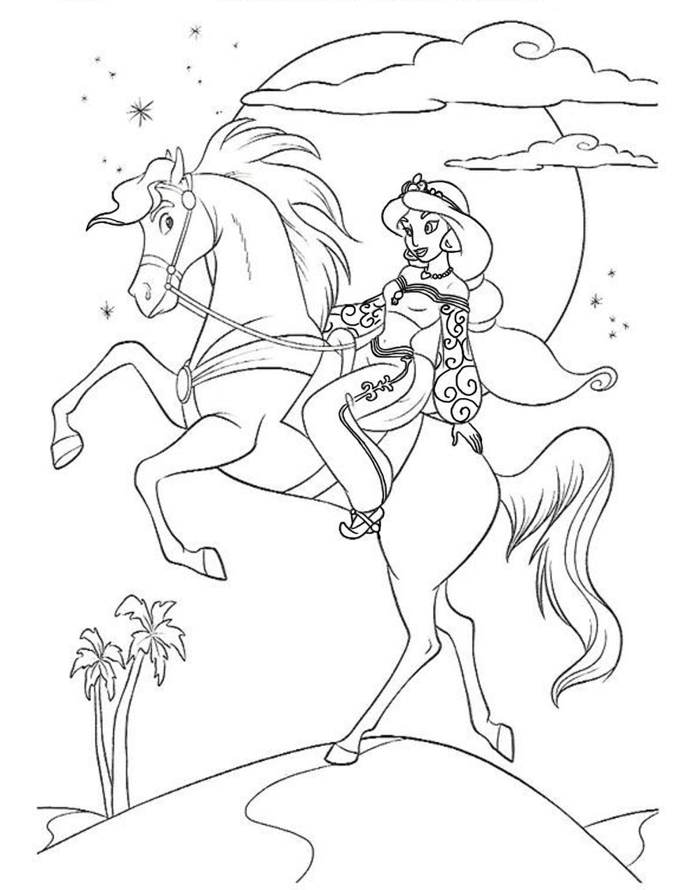 Desenho de Jasmine Andando a Cavalo no Campo para Colorir e Pintar