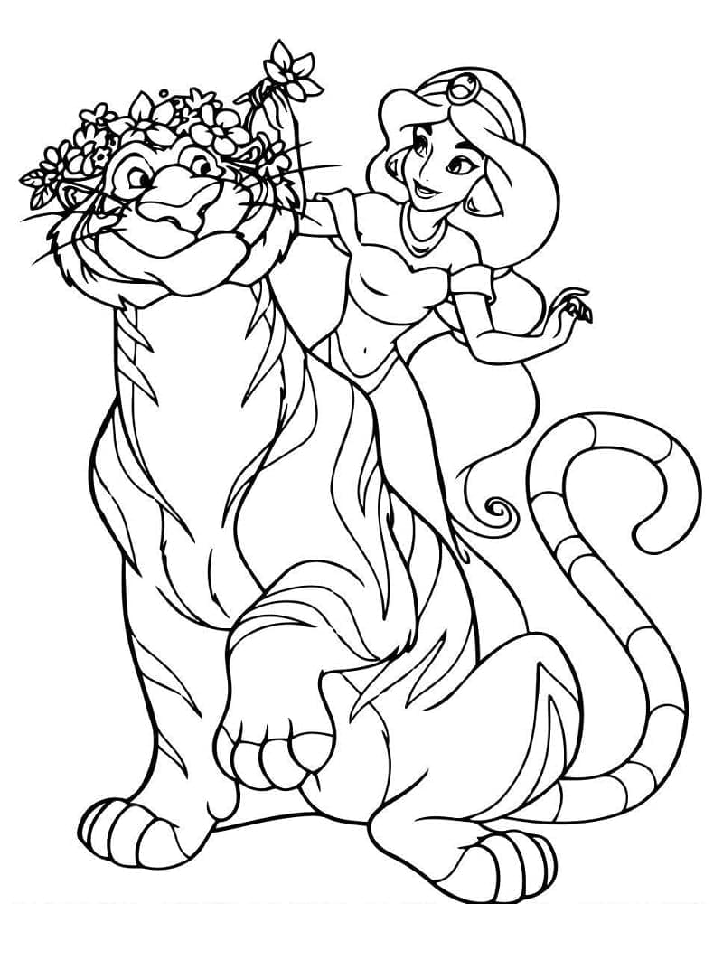 Desenho de Princesa Jasmine com Rajah para Colorir e Pintar
