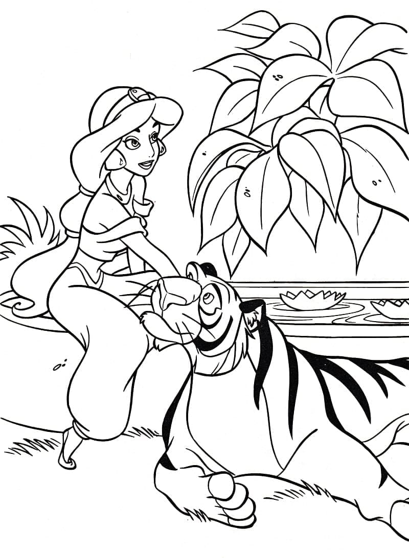 Desenho de Princesa Jasmine com Tigre Rajah para Colorir e Pintar