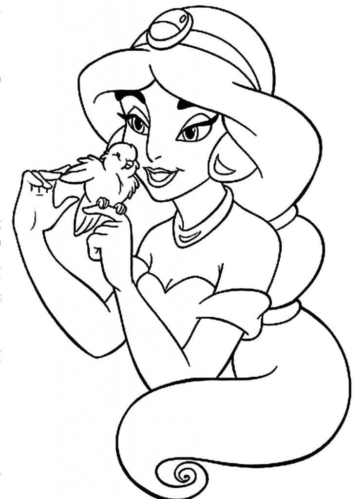Desenho de Princesa Jasmine e Pássaro para Colorir e Pintar