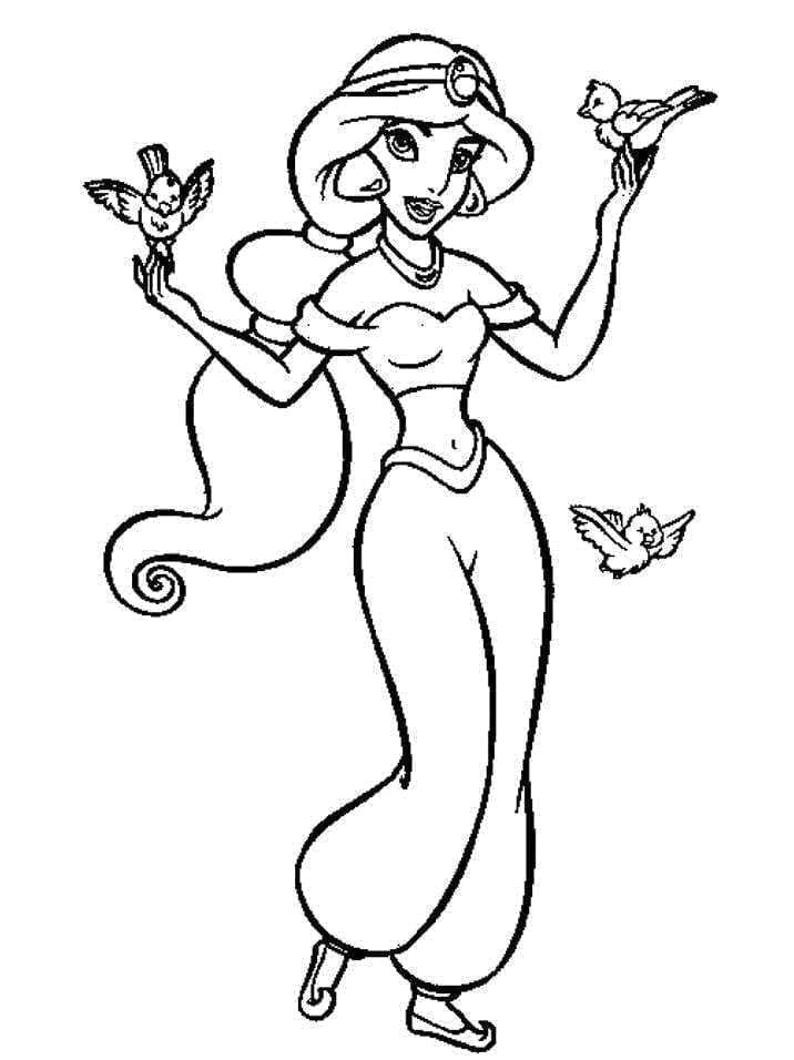 Desenho de Princesa Jasmine e Pássaros para Colorir e Pintar