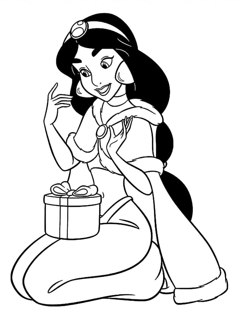 Desenho de Princesa Jasmine e Presente para Colorir e Pintar