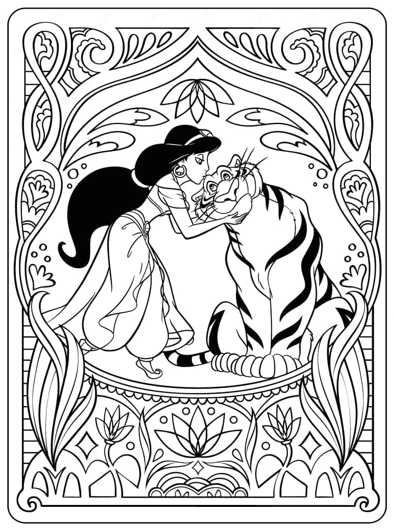 Desenho de Princesa Jasmine e Rajah para Colorir e Pintar