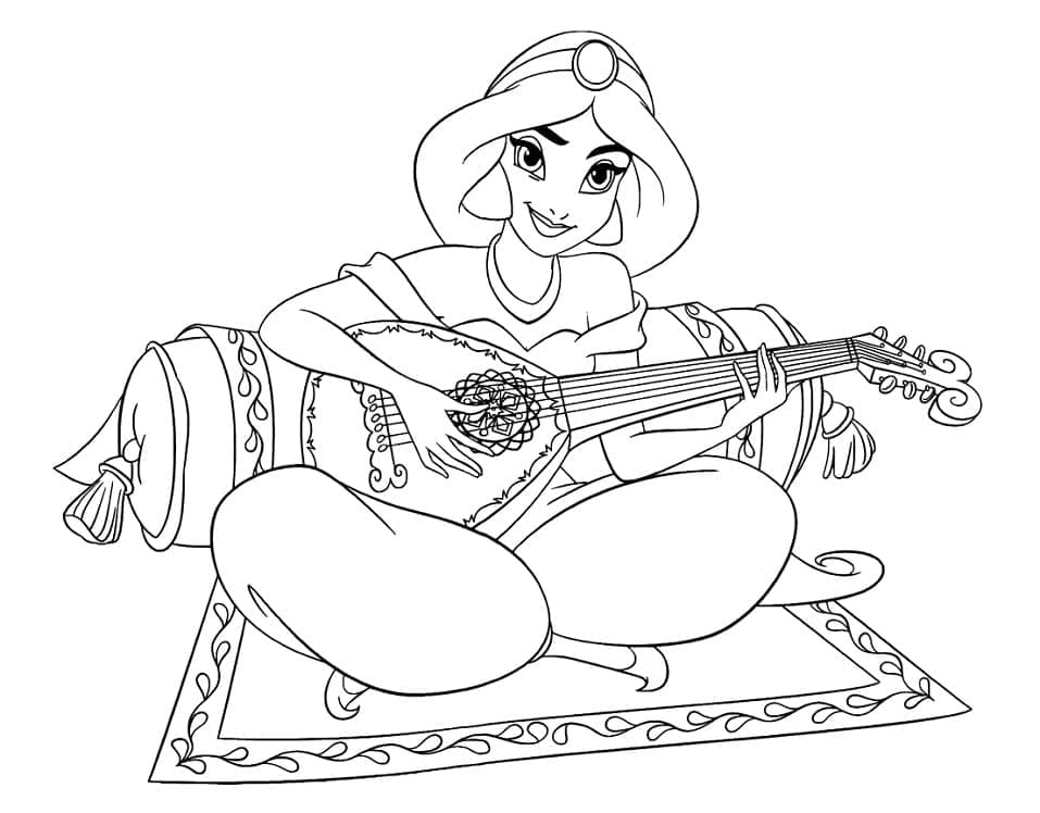 Desenho de Princesa Jasmine Tocá Violão para Colorir e Pintar