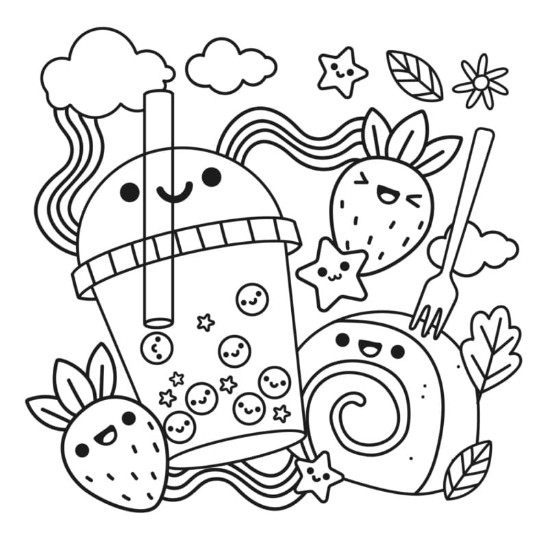 Desenho de Comidas Animadas Kawaii para Colorir e Pintar