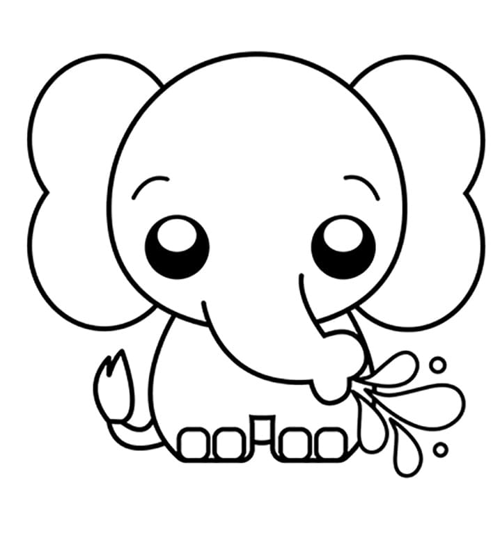 Desenho de Elefante Kawaii para Imprimir e Pintar A4