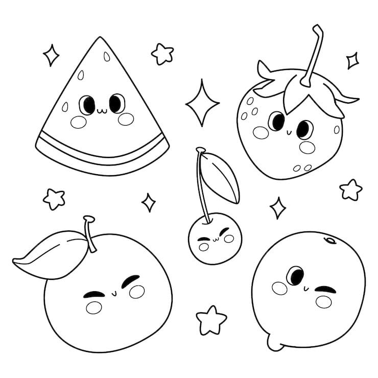 Desenho de Frutas Kawaii para Colorir e Pintar
