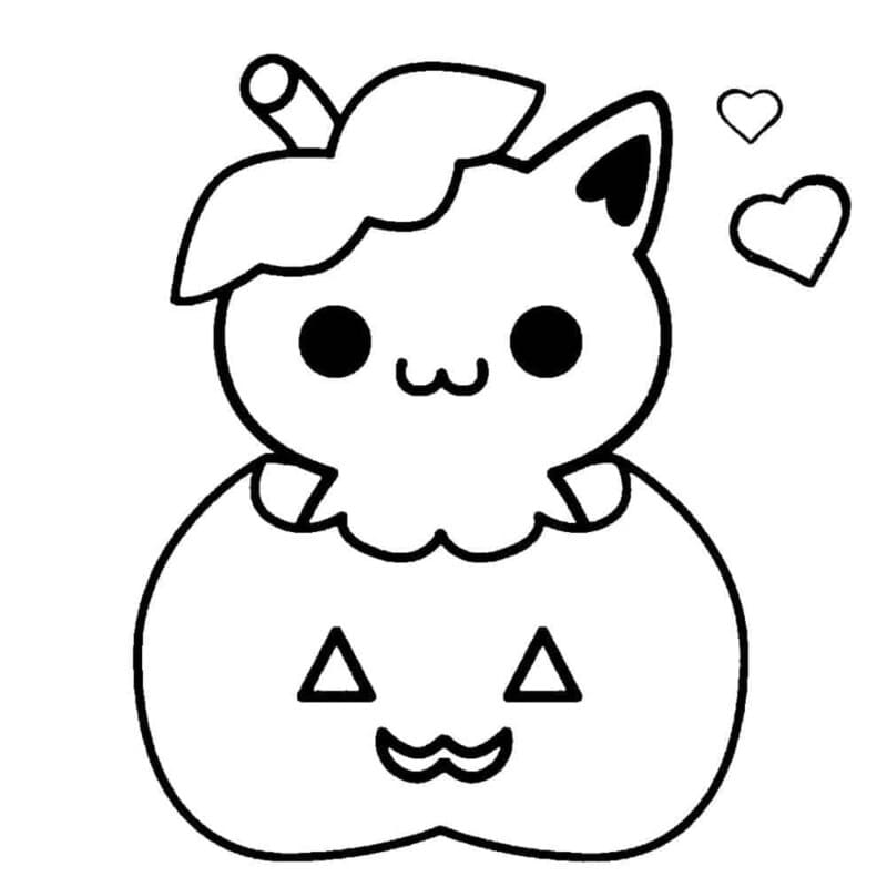 Desenho de Gato de Halloween Kawaii para Colorir e Pintar