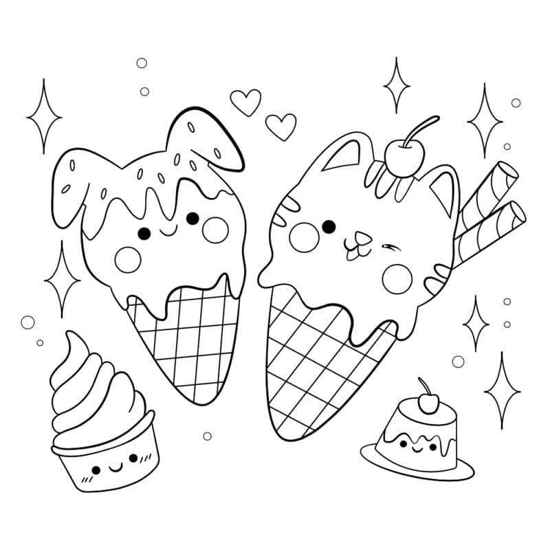 Desenho de Kawaii Sorvetes para Colorir e Pintar