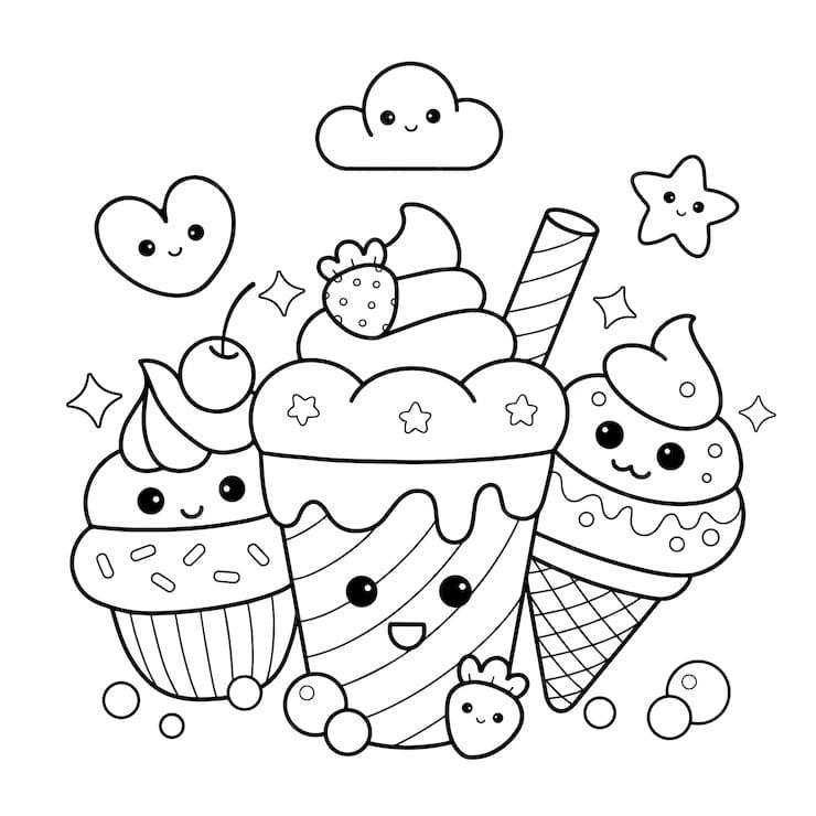 Desenho de Sorvetes Kawaii para Colorir e Pintar