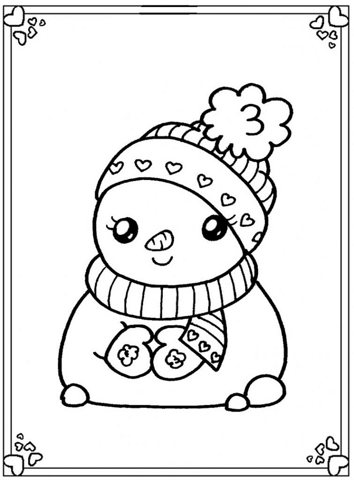 Desenho de Boneco de Neve Kawaii Natalino para Colorir e Pintar