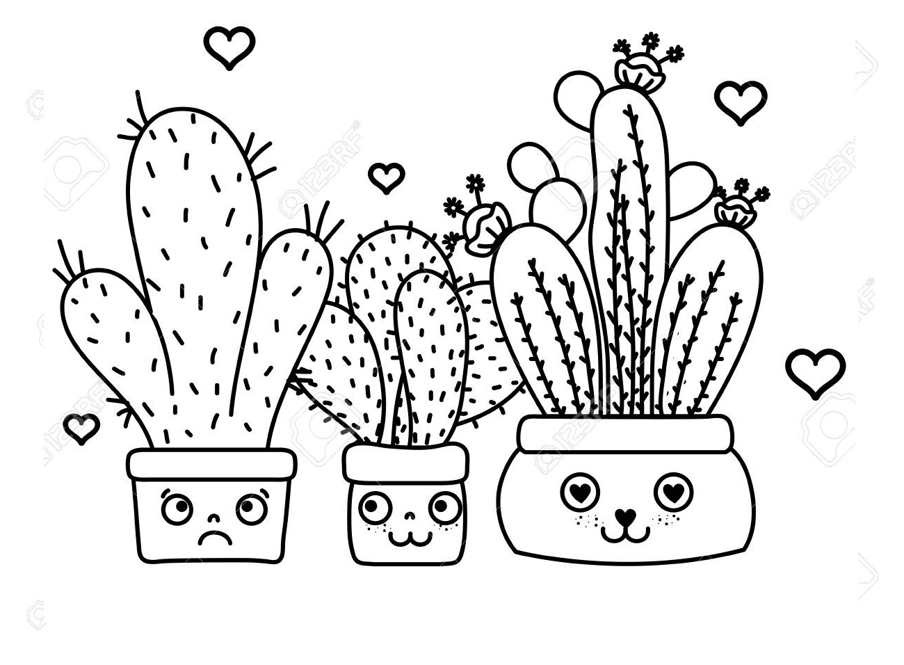 Desenho de Cactos Kawaii para Download Pfd e Pintar